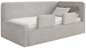 Łóżko młodzieżowe 120x200 cm Fanklo prawostronne z materacem pojemnikiem i barierkami szarobeżowe plusz hydrofobowy Wyprzedaż