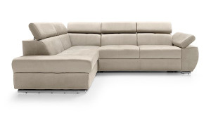 Narożnik rozkładany z funkcją spania Ararip 268 cm L-kształtny z regulowanymi zagłówkami i pojemnikiem jasnobeżowy welur hydrofobowy lewostronny HOMEBOOK