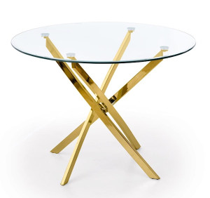 Stół okrągły Saime średnica 100 cm transparentne szkło/ złota podstawa Wyprzedaż