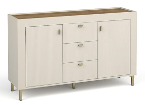 Komoda dwudrzwiowa Lammila 131 cm z trzema szufladami szary beż / dąb whisky Wyprzedaż