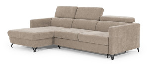 Narożnik z funkcją spania Monarda L-kształtny z pojemnikiem i regulowanymi zagłówkami beżowy w tkaninie łatwoczyszczącej lewostronny Wyprzedaż