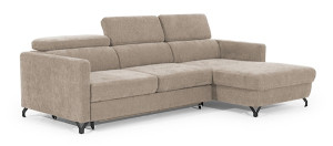 Narożnik z funkcją spania Monarda L-kształtny z pojemnikiem i regulowanymi zagłówkami beżowy w tkaninie łatwoczyszczącej prawostronny Wyprzedaż