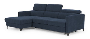 Narożnik z funkcją spania Monarda L-kształtny z pojemnikiem i regulowanymi zagłówkami granatowy w tkaninie łatwoczyszczącej lewostronny Wyprzedaż
