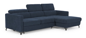 Narożnik z funkcją spania Monarda L-kształtny z pojemnikiem i regulowanymi zagłówkami granatowy w tkaninie łatwoczyszczącej prawostronny Wyprzedaż