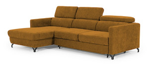 Narożnik z funkcją spania Monarda L-kształtny z pojemnikiem i regulowanymi zagłówkami musztardowy welur hydrofobowy lewostronny Wyprzedaż