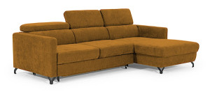 Narożnik z funkcją spania Monarda L-kształtny z pojemnikiem i regulowanymi zagłówkami musztardowy welur hydrofobowy prawostronny Wyprzedaż