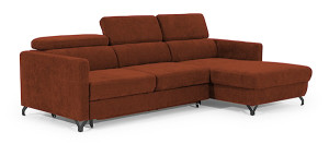 Narożnik z funkcją spania Monarda L-kształtny z pojemnikiem i regulowanymi zagłówkami rudy welur hydrofobowy prawostronny Wyprzedaż