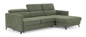 Narożnik z funkcją spania Monarda L-kształtny z pojemnikiem i regulowanymi zagłówkami oliwkowy welur hydrofobowy prawostronny Wyprzedaż