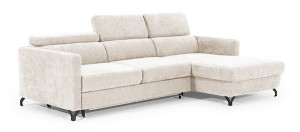 Narożnik z funkcją spania Monarda L-kształtny z pojemnikiem i regulowanymi zagłówkami kremowy welur hydrofobowy prawostronny Wyprzedaż