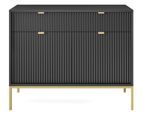 Komoda dwudrzwiowa Vellore 104 cm czarna z ryflowanymi frontami i złotym stelażem HOMEBOOK