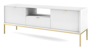 Szafka RTV Vellore 154 cm biała z ryflowanymi frontami i złotym stelażem HOMEBOOK