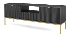 Szafka RTV Vellore 154 cm czarna z ryflowanymi frontami i złotym stelażem HOMEBOOK