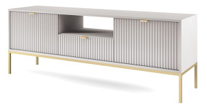 Szafka RTV Vellore 154 cm szara z ryflowanymi frontami i złotym stelażem HOMEBOOK