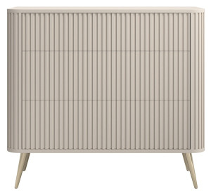 Komoda Ovarlo z ryflami i trzema szufladami 93 cm beż piaskowy ze złotymi nogami Wyprzedaż