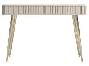 Toaletka Ovarlo z ryflami i dwiema szufladami 113 cm beż piaskowy ze złotymi nogami Wyprzedaż