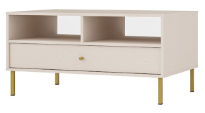 Stolik kawowy Oktio z szufladą i półkami 100 cm beż piaskowy na złotych nogach Wyprzedaż
