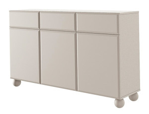 Komoda Chocolated trzydrzwiowa z trzema szufladami 150 cm na nogach kulach beż piaskowy Wyprzedaż