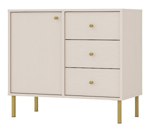 Komoda jednodrzwiowa Oktio z trzema szufladami 84 cm beż piaskowy na złotych nogach Wyprzedaż
