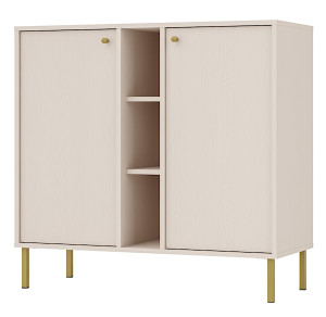 Komoda dwudrzwiowa Oktio z półkami 100 cm beż piaskowy na złotych nogach Wyprzedaż