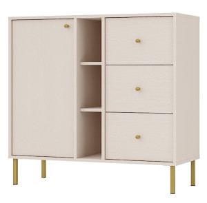 Komoda jednodrzwiowa Oktio z trzema szufladami i półkami 100 cm beż piaskowy na złotych nogach Wyprzedaż