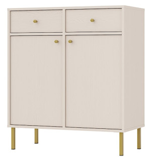 Komoda dwudrzwiowa Oktio z dwiema szufladami 84 cm beż piaskowy na złotych nogach Wyprzedaż