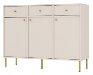 Komoda trzydrzwiowa Oktio z trzema szufladami 125 cm beż piaskowy na złotych nogach Wyprzedaż