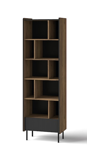 Regał Prestigo z półkami i szufladą z ryflowanym frontem 59 cm orzech warmia/czarny/san sebastian Wyprzedaż