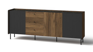 Komoda trzydrzwiowa Prestigo z ryflami i trzema szufladami 200 cm orzech warmia/czarny/san sebastian Wyprzedaż