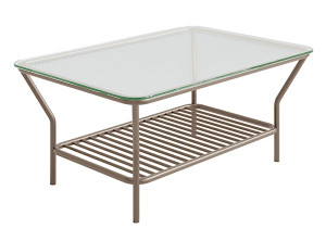 Stolik kawowy Preggel 122x62 cm szklany blat/ beżowy stelaż Wyprzedaż