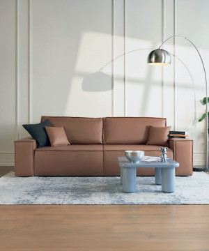 Kanapa rozkładana trzyosobowa Farese Cuero z pojemnikiem brązowa ekoskóra łatwoczyszcząca Wyprzedaż