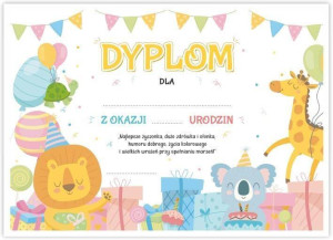 Dyplom A4 urodzinowy - Wesołe zwierzaczki