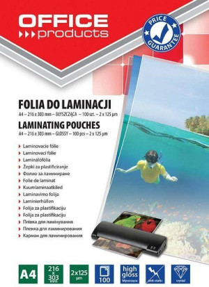 Folia do laminowania A4 Office Products 2x125mikr błyszcząca 100szt. Transparentna