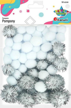 Pompony poliestrowe i brokatowe. Białe