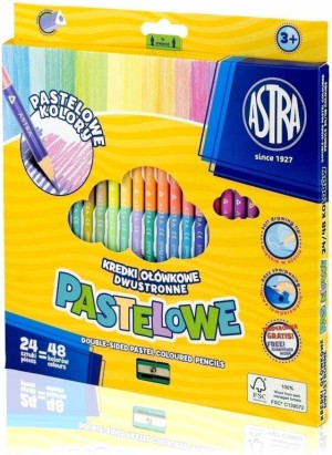 Kredki Astra ołówkowe, trójkątne, dwustronne, pastelowe, 48 kolorów