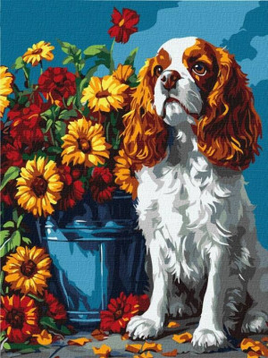 Malowanie po numerach - Spaniel i kwiaty 30x40cm