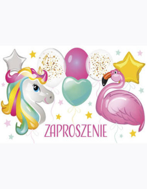 Zaproszenie Z 160x95 zest. 62131 Dziecięce - Balony, Dziewczynka, Flamingi, Grafika, Jednorożce, Urodziny