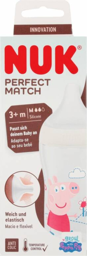NUK. Perfect Match. Butelka ze smoczkiem. 260 ml. 3 miesiące. Świnka Peppa
