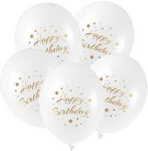 Balony ze złotym nadrukiem. Happy Birthday, 5 sztuk