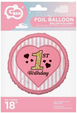 Balon foliowy 1st Birthday, różowy 45 cm