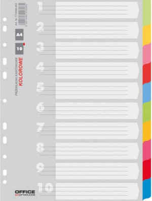 Przekładki A4 Office Products karton 223x297mm 10 kart mix kolorów