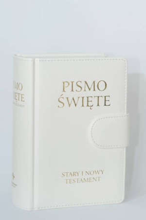 Pismo Święte Stary i Nowy Testament. Małe, białe, z zapięciem