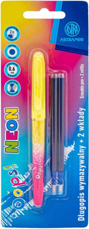Długopis wymazywalny Astrapen Oops Neon + 2 wkłady niebieskie. 1 sztuka