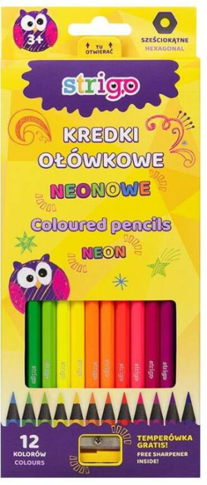 Kredki ołówkowe czarne drewno. 12 kolorów + temperówka