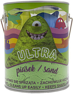 Ultra Piasek puszka 900 g. 4 duże foremki pojazdy, 2 narzędzia, zielony