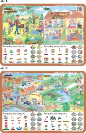 Podkładka edukacyjna Poszukaj na obrazku - rodzina w ogrodzie, dom, miasto, sport