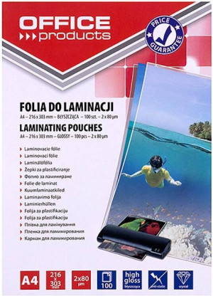 Folia do laminacji Office Products A4 216x303mm błyszcząca 100 sztuk transparentna