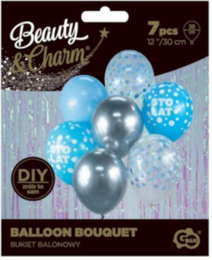 Bukiet balonowy. Beauty&Charm. Srebrno-niebieski STO LAT, 7 szt. 30 cm
