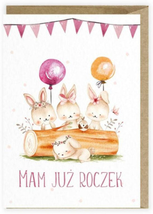 Kartka urodzinowa. Roczek. Zajączki