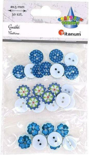 Guziki plastikowe okrągłe 15 mm niebieskie, mix