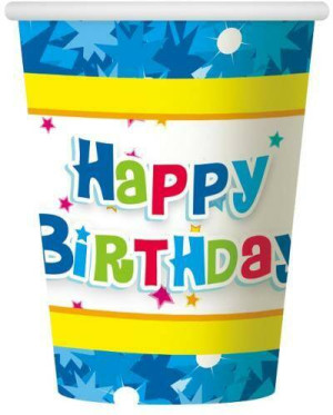 Kubeczki papierowe "Happy Birthday niebieskie" 270ml PF-KHBN
